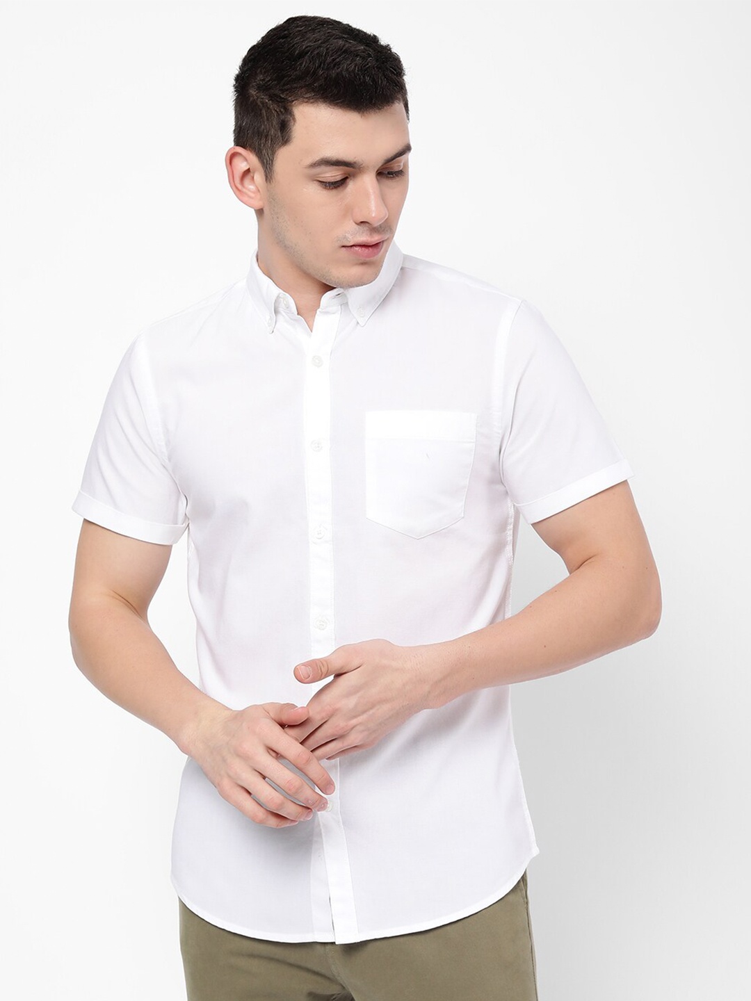 

R&B Button-Down Collar Opaque Cotton Casual Shirt, White