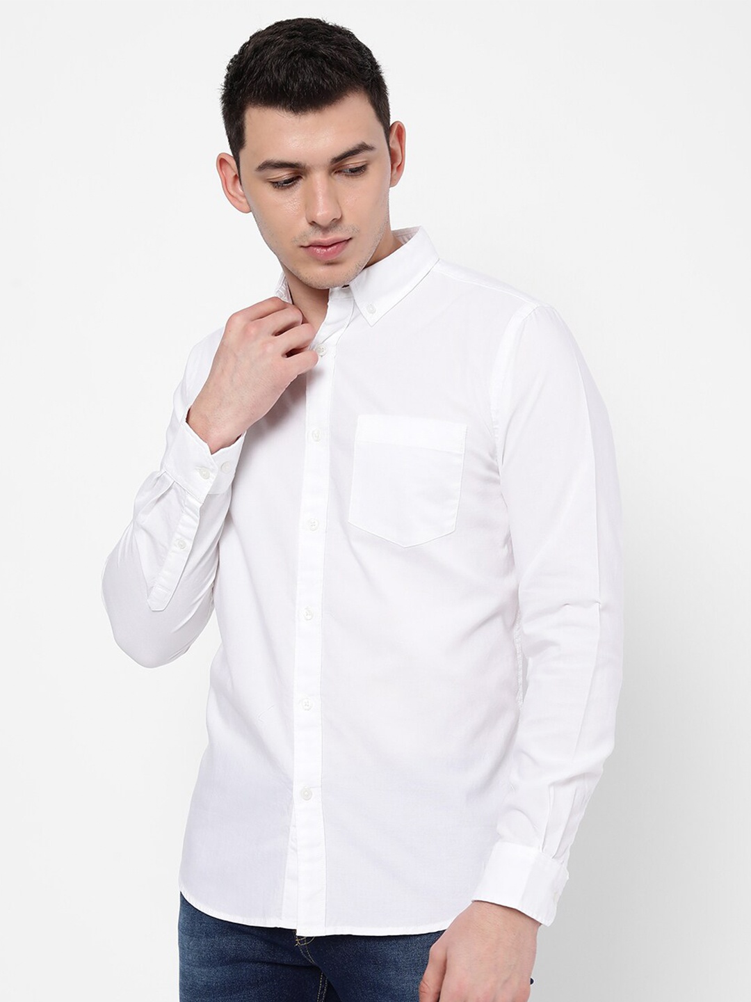 

R&B Button-Down Collar Opaque Casual Cotton Shirt, White