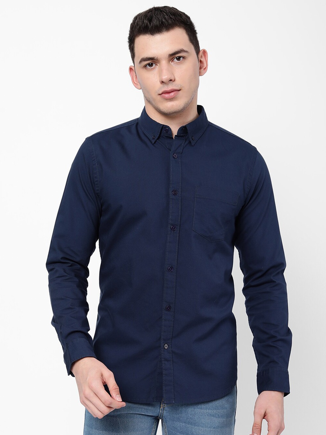 

R&B Button-Down Collar Opaque Cotton Casual Shirt, Blue