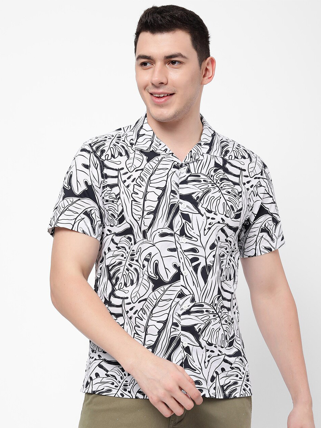 

R&B Tropical Printed Casual Cotton Shirt, White
