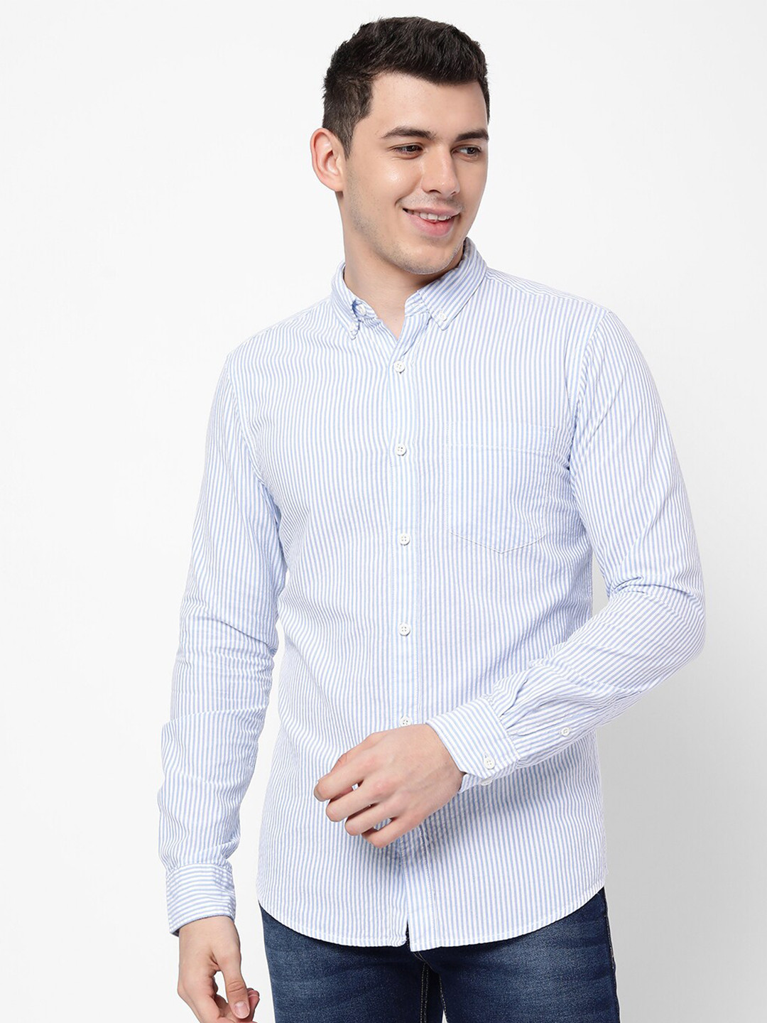 

R&B Button-Down Collar Opaque Striped Cotton Casual Shirt, Blue