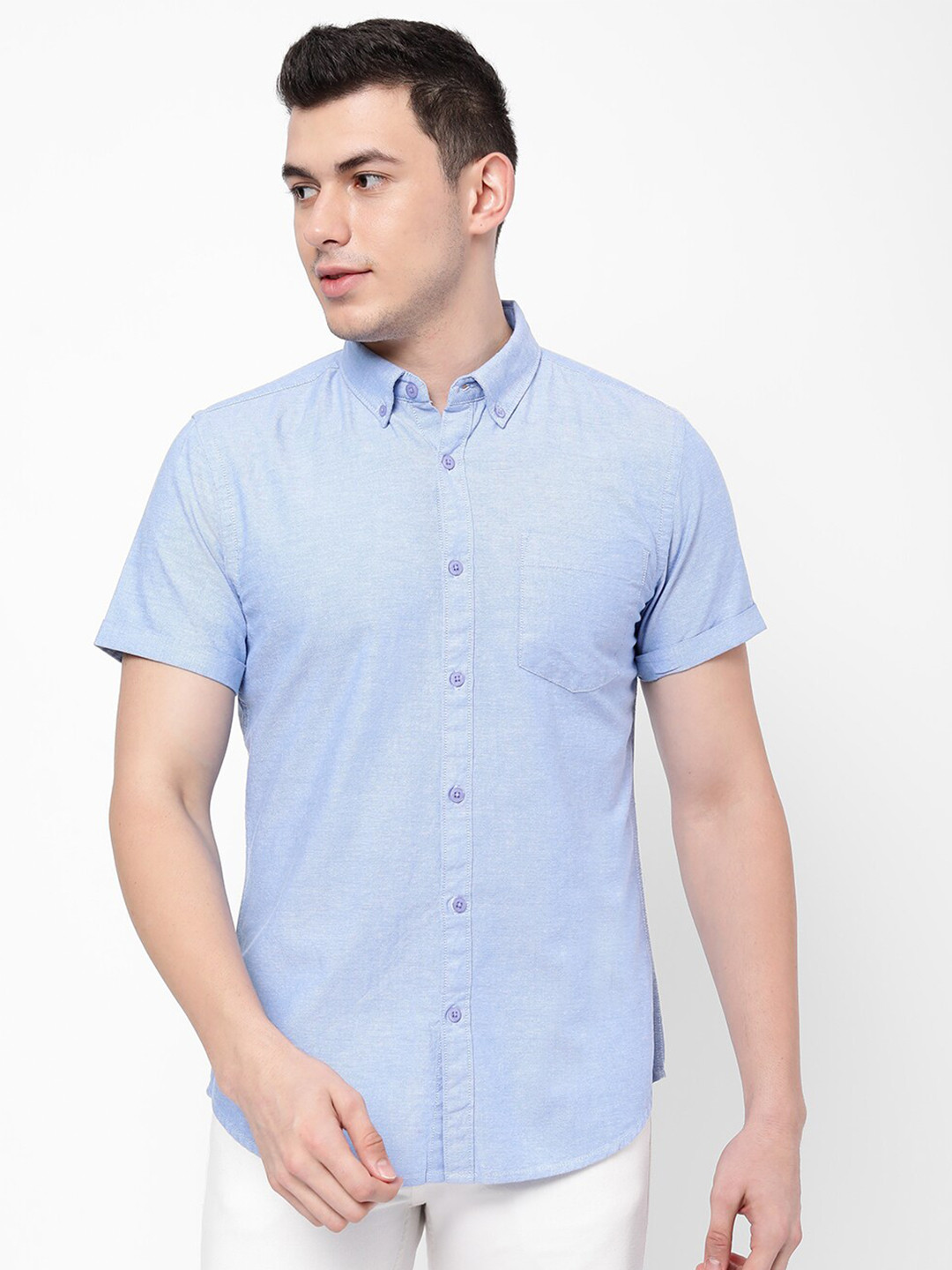 

R&B Button-Down Collar Opaque Casual Cotton Shirt, Blue