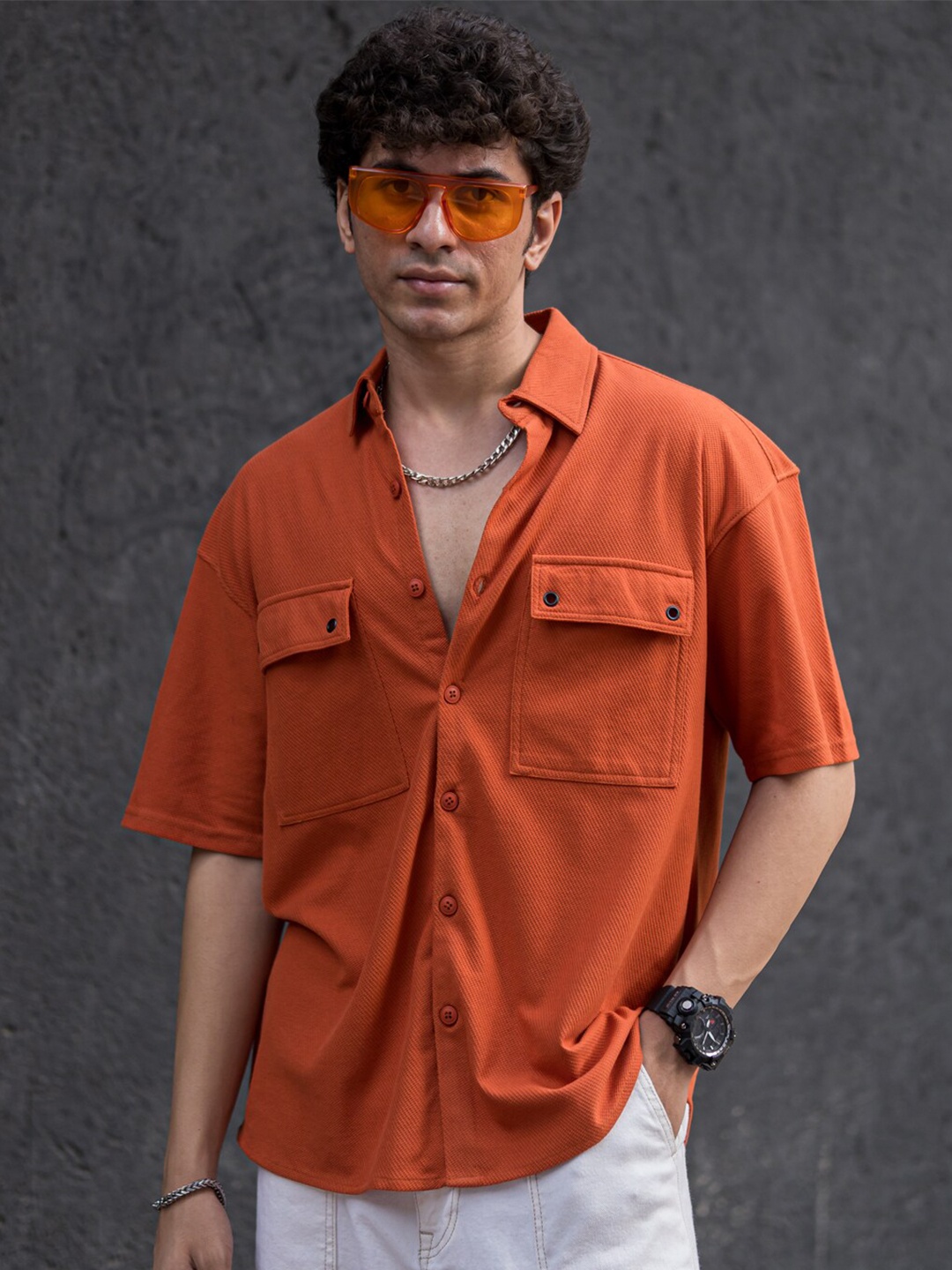 

Powerlook Orange Boxy Opaque Drop Shoulder Casual Shirt