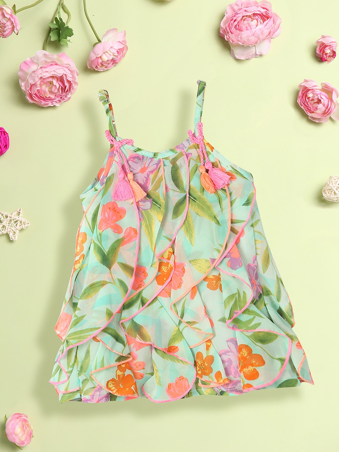 

Nauti Nati Girls Floral Printed Shoulder Straps Ruffled Detailed A-Line Dress, Green