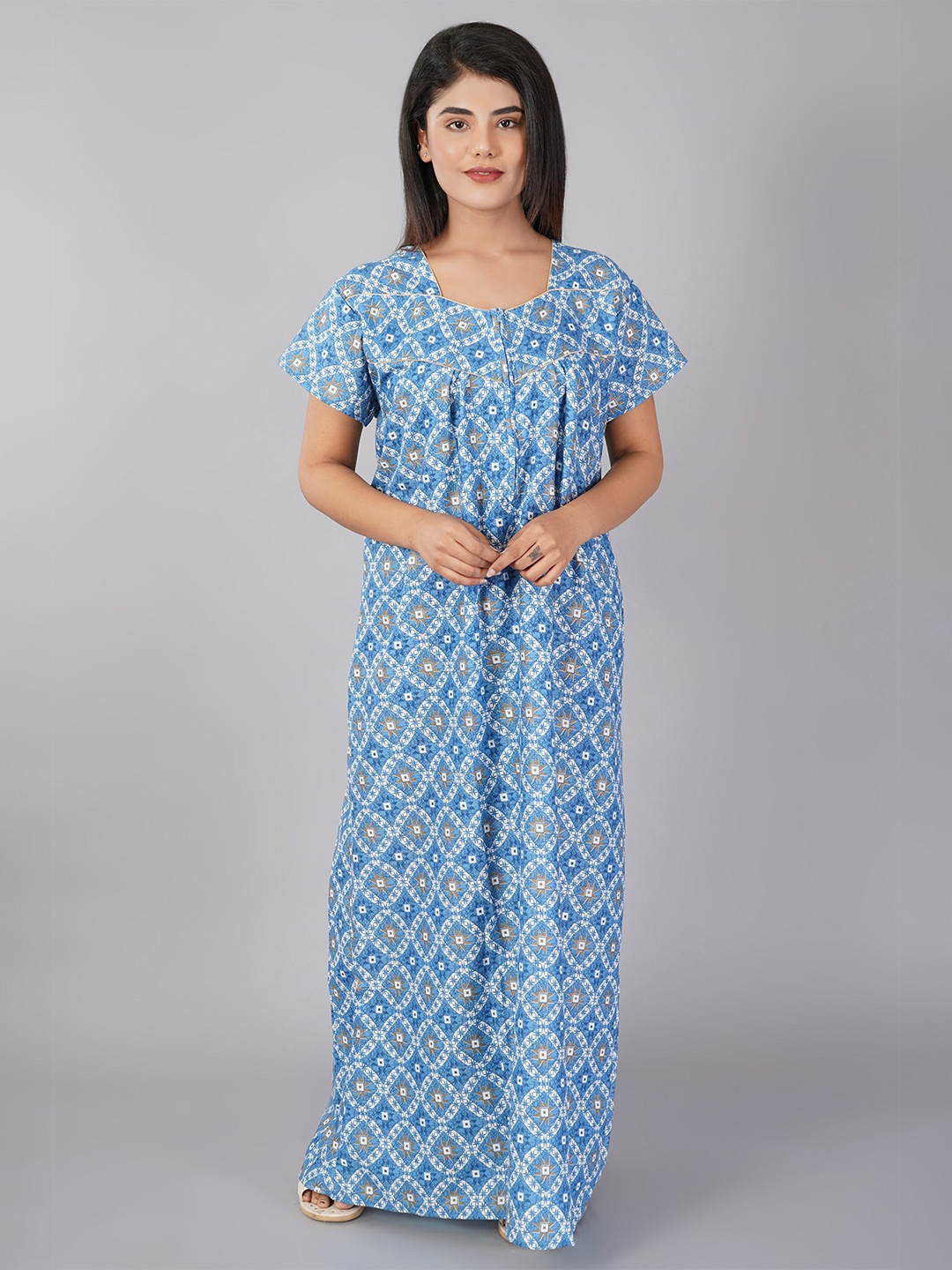 

Noty Geometric Printed Square Neck Maxi Nightdress, Blue
