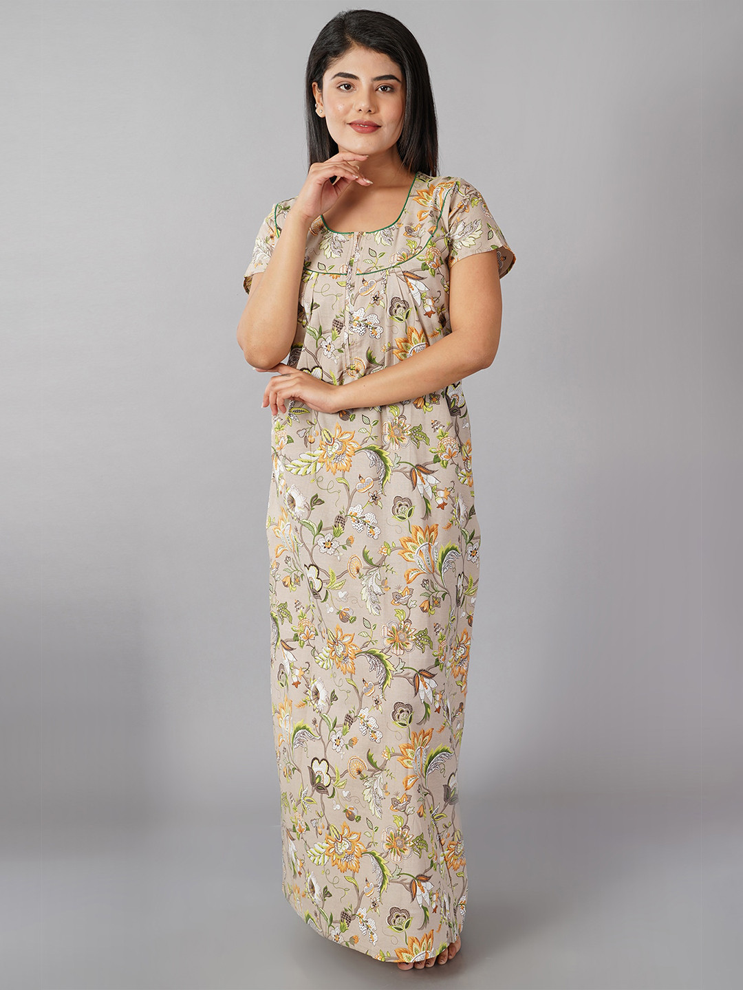

Noty Floral Printed Pure Cotton Maxi Nightdress, Green