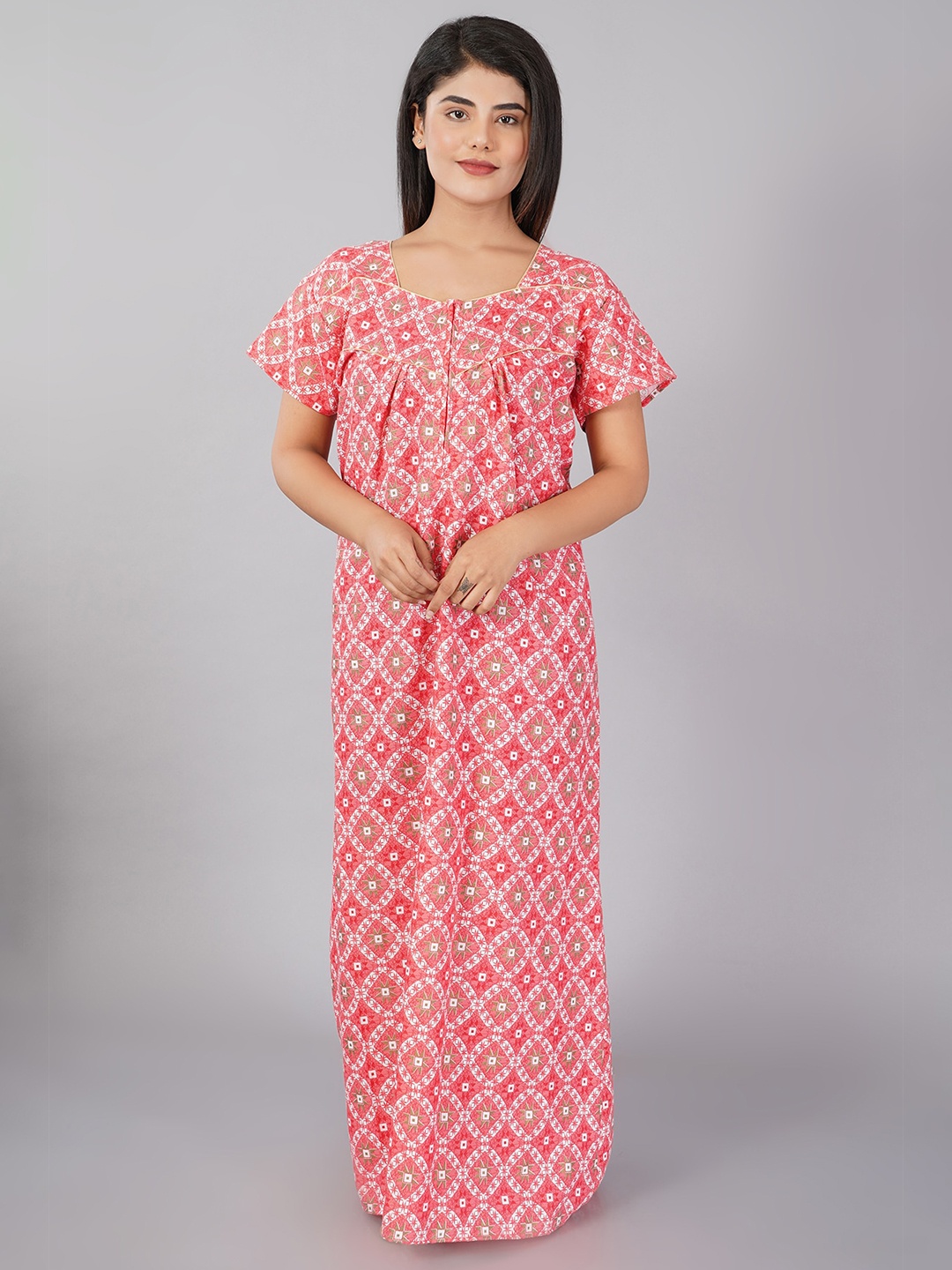 

Noty Geometric Printed Square Neck Maxi Nightdress, Red
