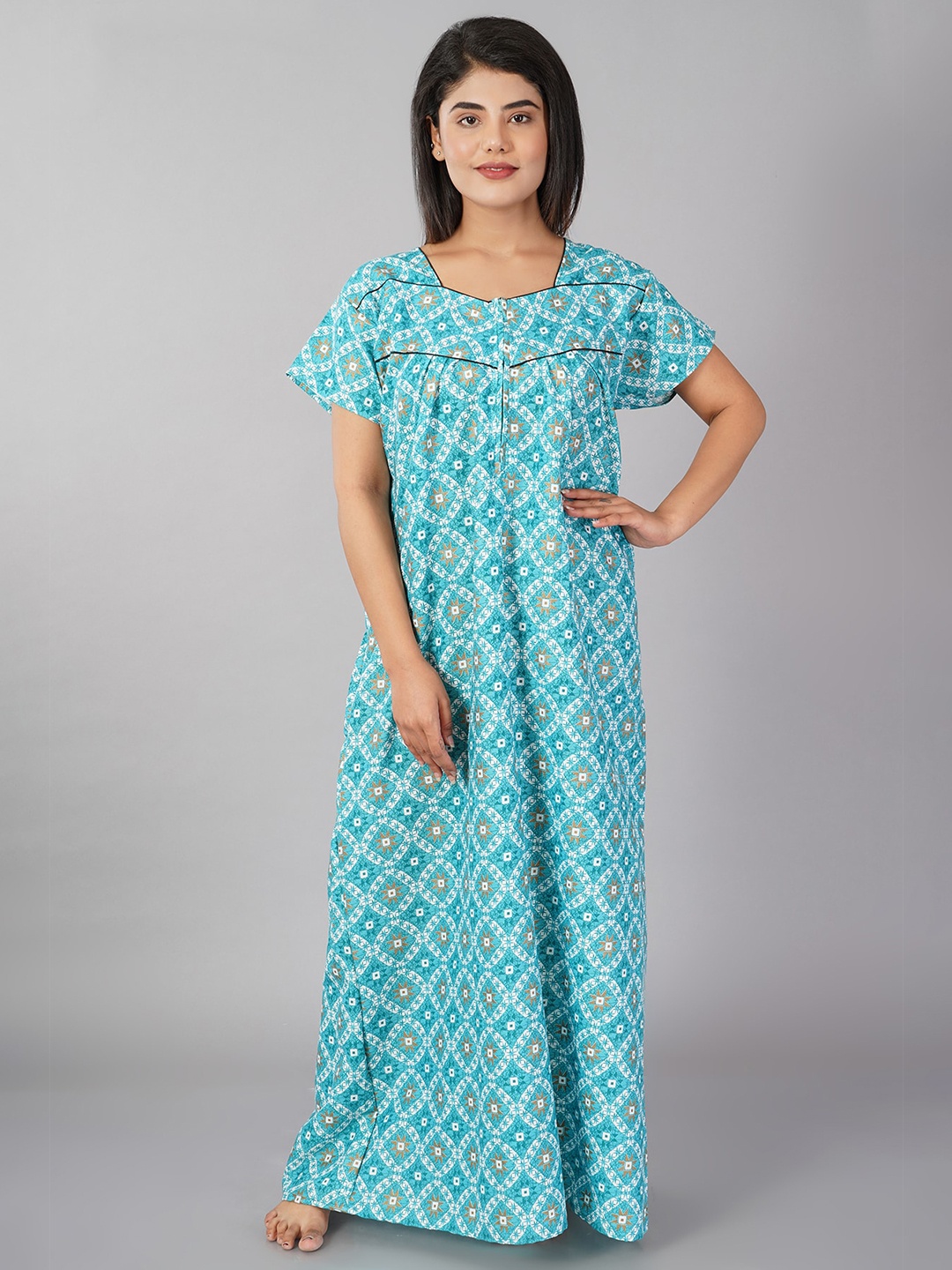 

Noty Turquoise Printed Maxi Nightdress, Turquoise blue