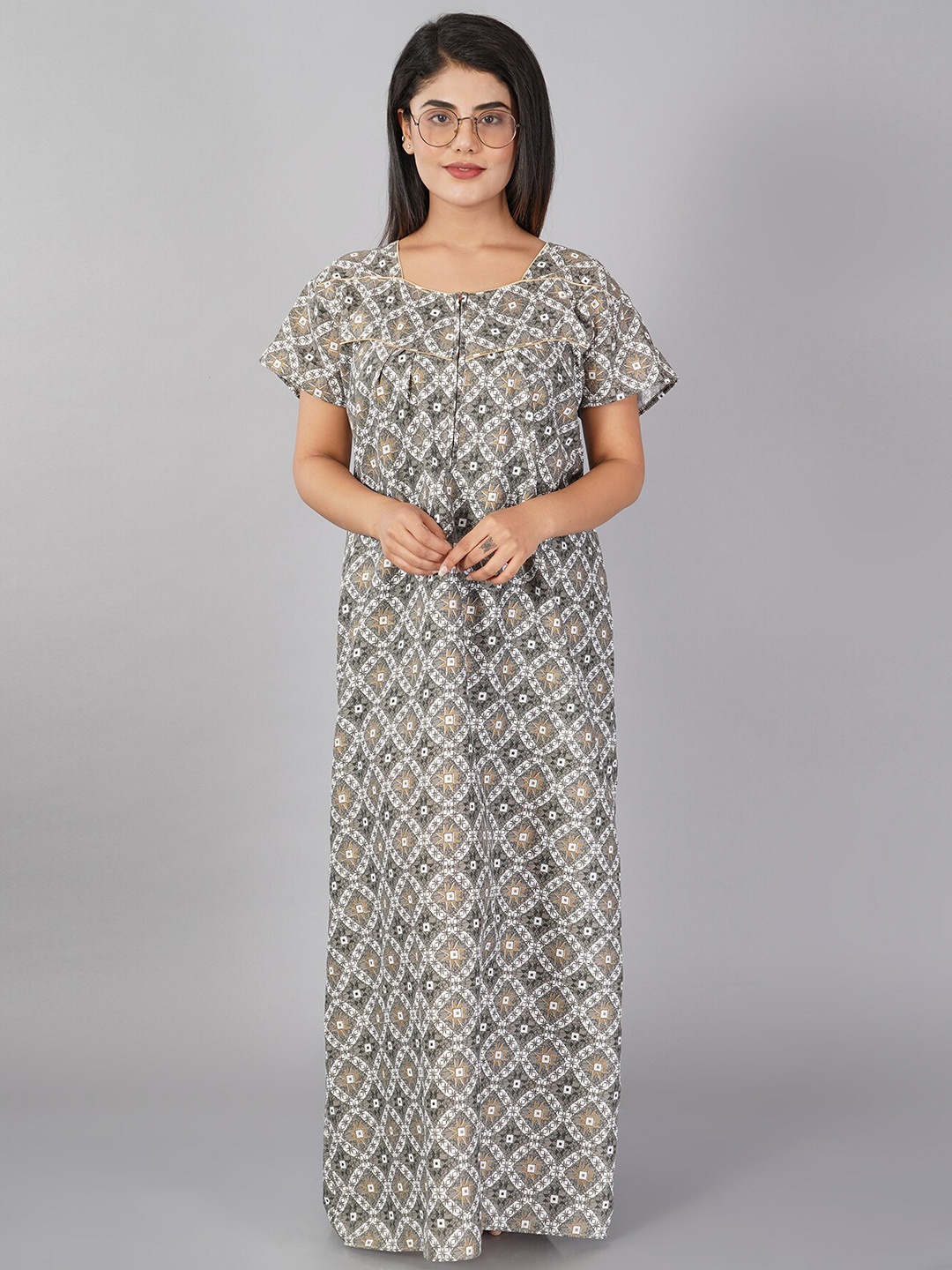 

Noty Geometric Printed Maxi Nightdress, Olive