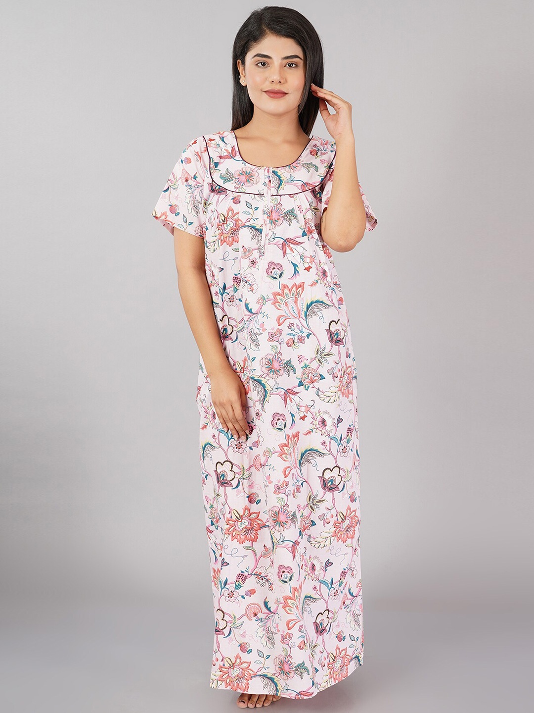 

Noty Floral Printed Pure Cotton Maxi Nightdress, Pink