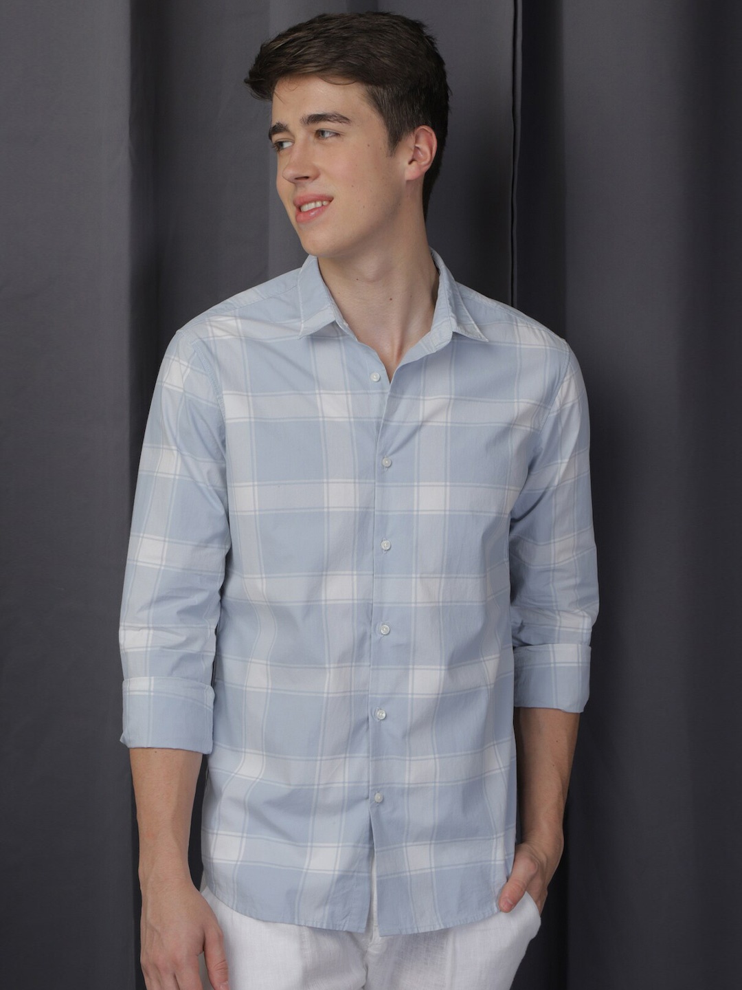

POE Smart Slim Fit Tartan Checked Opaque Casual Shirt, Blue