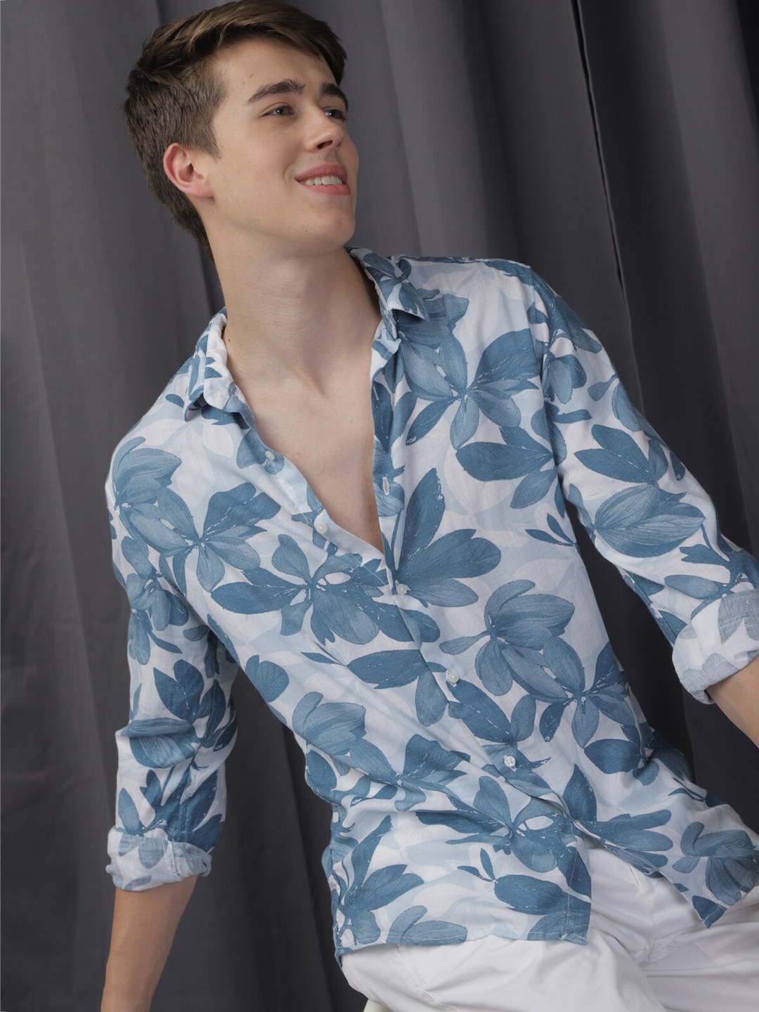 

POE Smart Slim Fit Opaque Floral Printed Cotton Casual Shirt, Blue