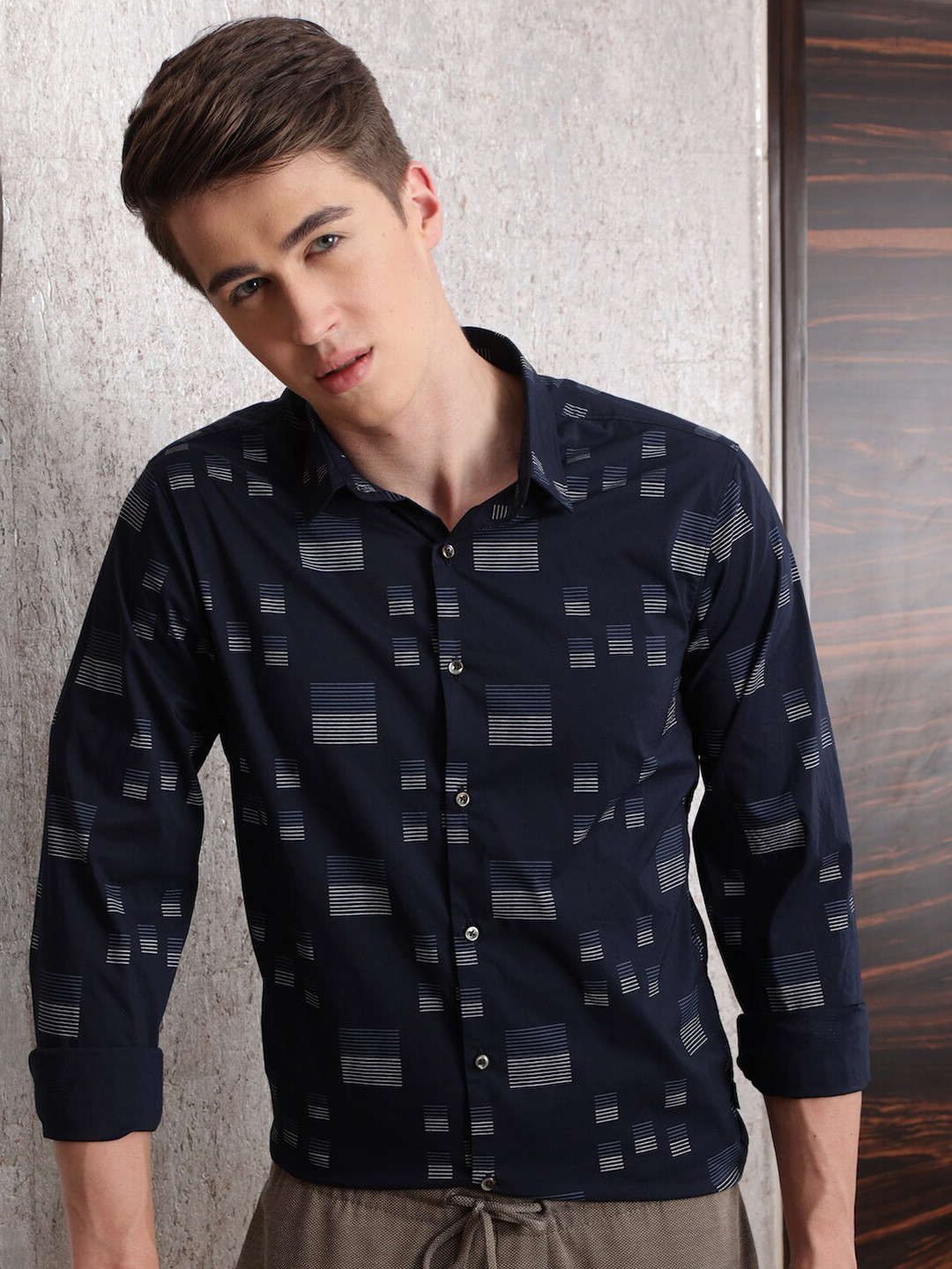 

POE Smart Slim Fit Opaque Printed Cotton Casual Shirt, Blue