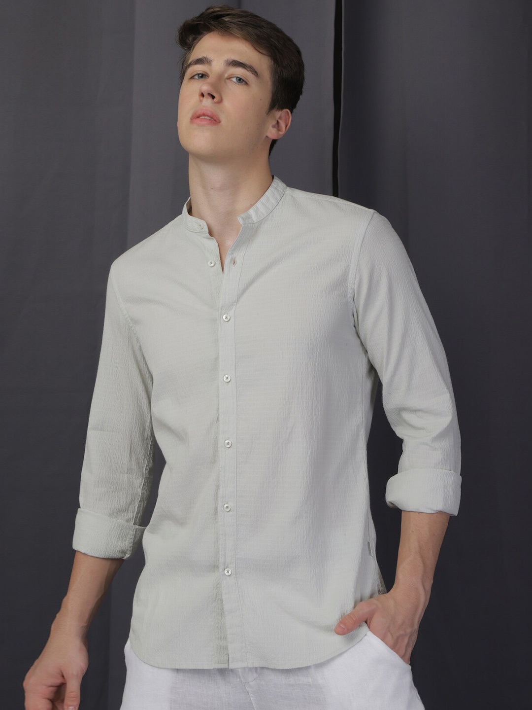 

POE Textured Smart Slim Fit Opaque Cotton Cotton Casual Shirt, Green