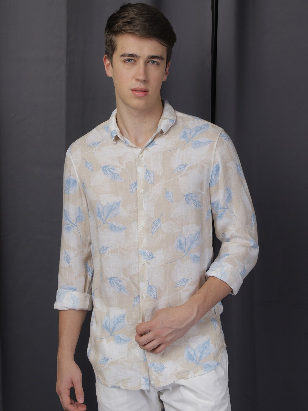 

POE Smart Slim Fit Opaque Floral Printed Casual Shirt, Beige