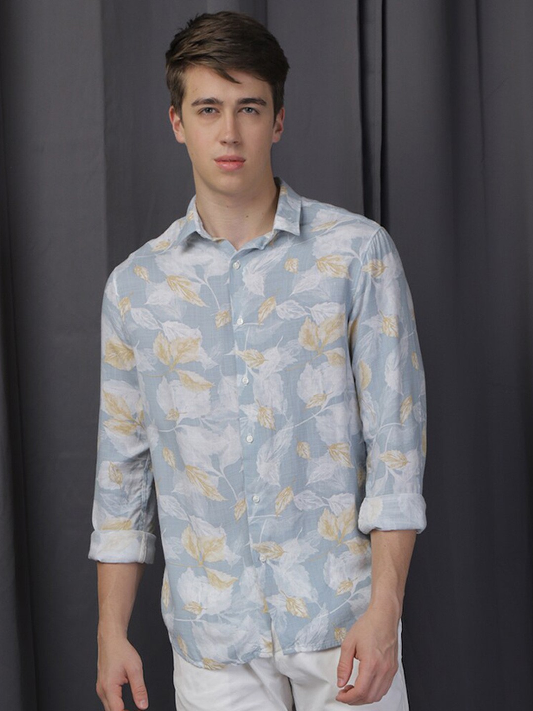 

POE Smart Slim Fit Opaque Printed Casual Shirt, Blue