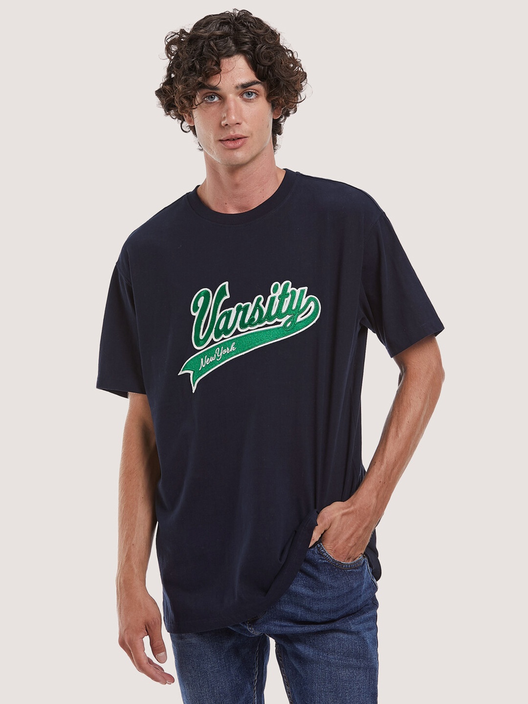 

ALCOTT Typography Applique Detail Pure Cotton Relaxed Fit T-shirt, Navy blue