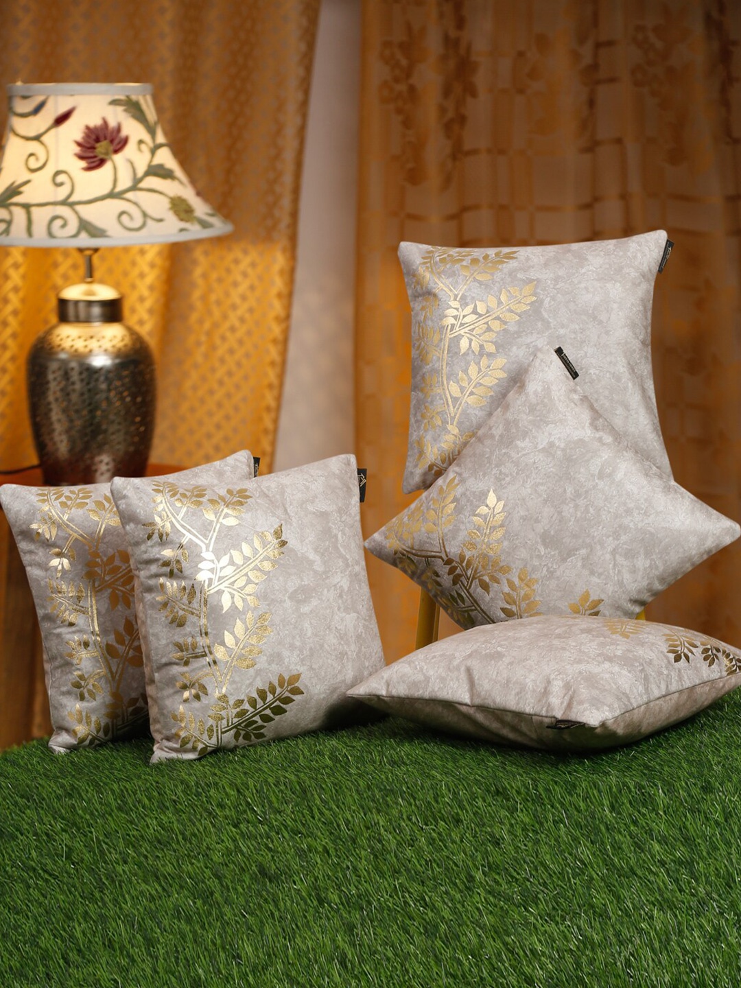 

HOSTA HOMES Cream-Coloured & Gold-Toned 5 Pieces Floral Velvet Square Cushion Covers