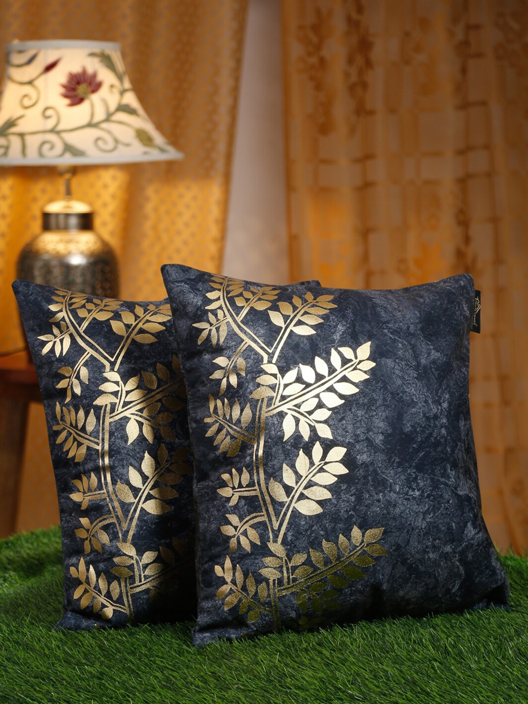 

HOSTA HOMES Blue & Gold-Toned 2 Pieces Floral Velvet Square Cushion Covers