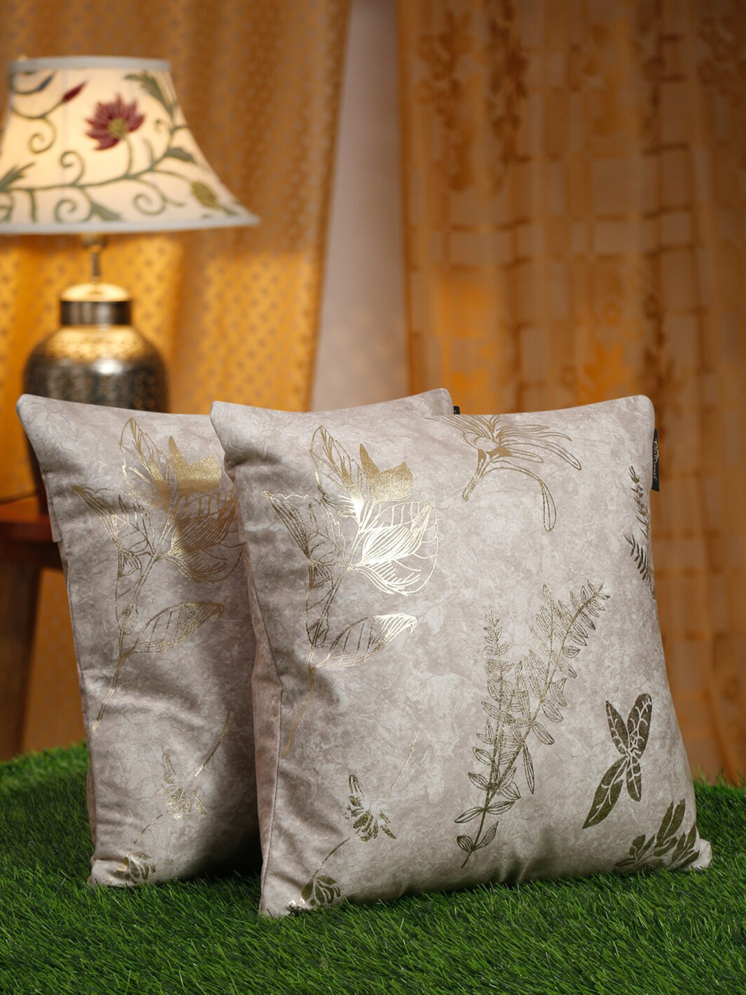 

HOSTA HOMES Cream-Coloured & Gold-Toned 2 Pieces Floral Velvet Square Cushion Covers