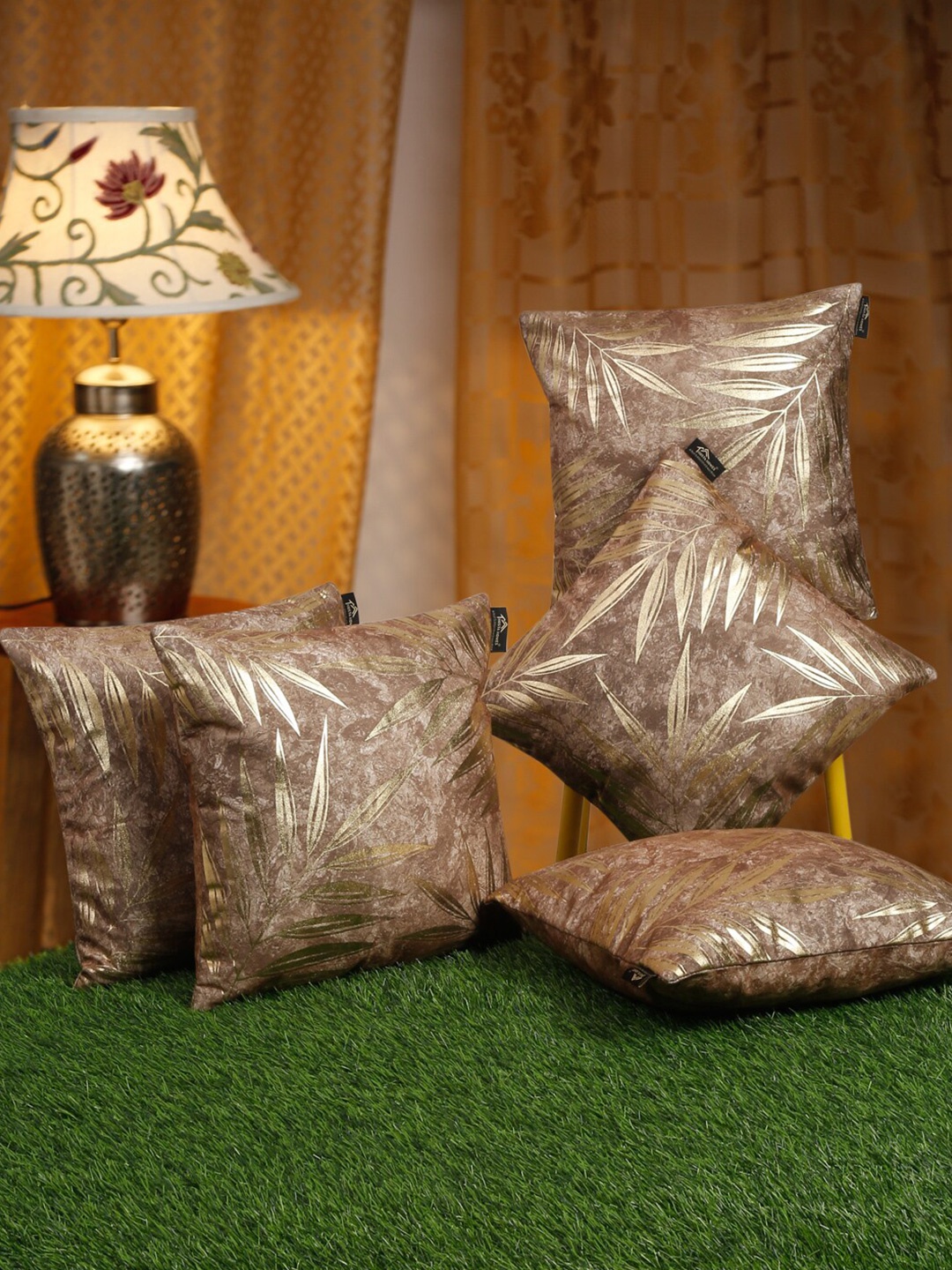

HOSTA HOMES Brown & Gold-Toned 5 Pieces Floral Velvet Square Cushion Covers