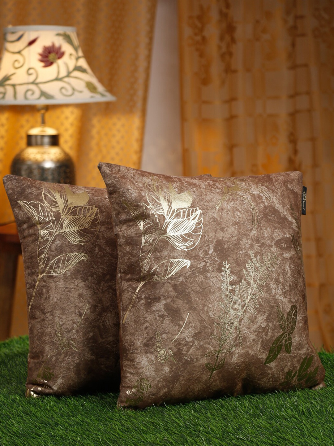 

HOSTA HOMES Brown & Gold-Toned 2 Pieces Floral Velvet Square Cushion Covers