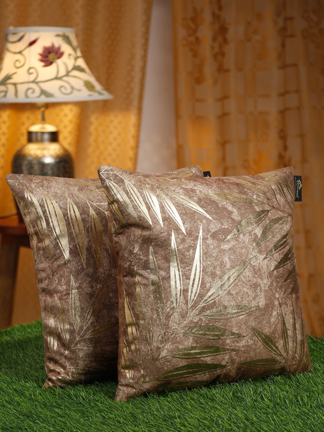 

HOSTA HOMES Brown & Gold-Toned 2 Pieces Floral Velvet Square Cushion Covers