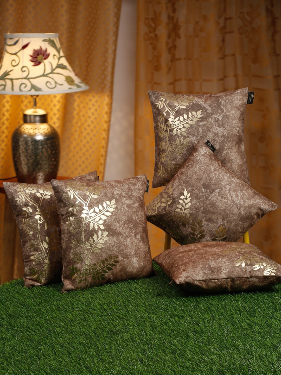 

HOSTA HOMES Brown & Gold-Toned 5 Pieces Floral Velvet Square Cushion Covers