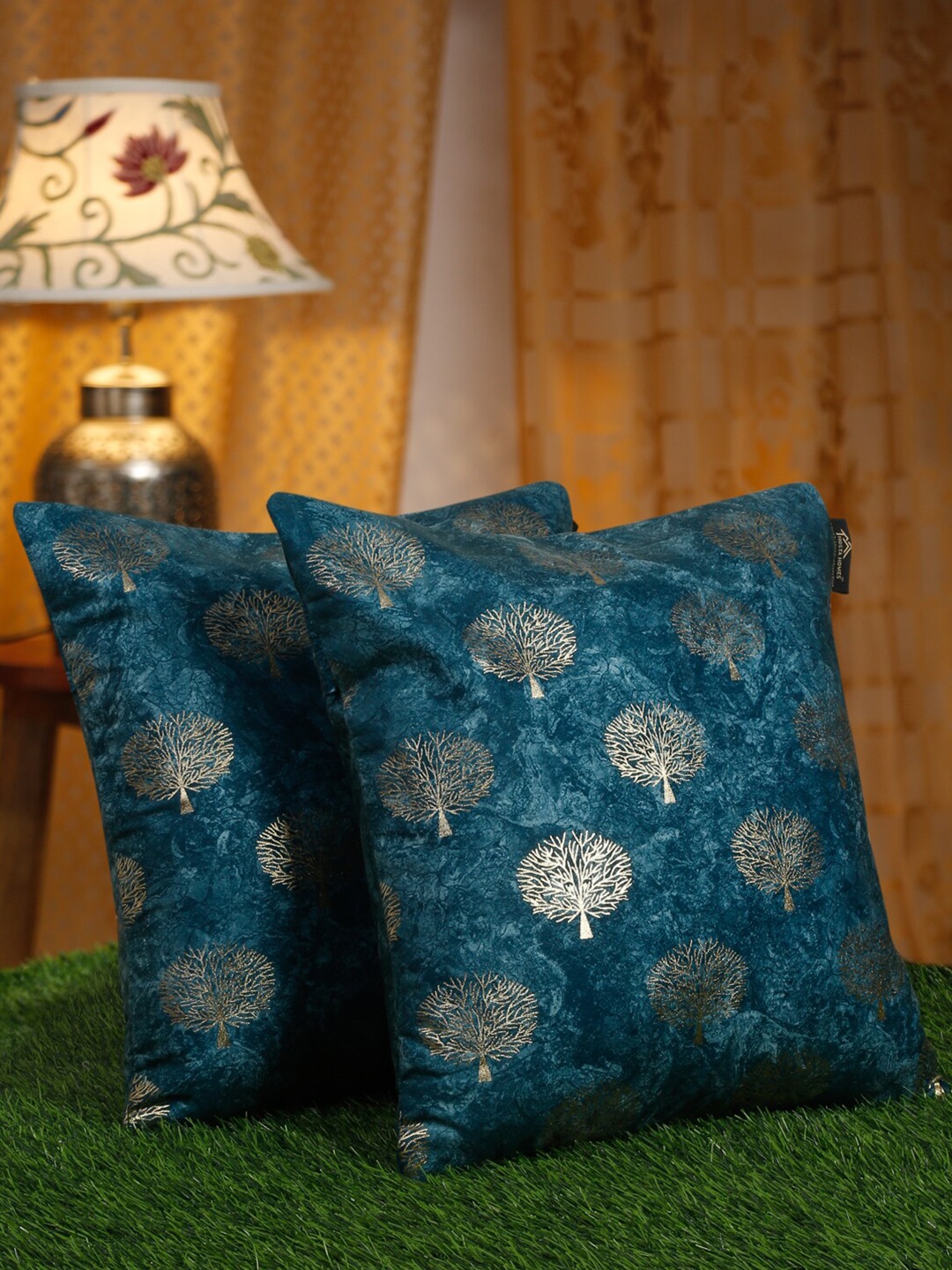 

HOSTA HOMES Blue & Gold-Toned 2 Pieces Ethnic Motifs Velvet Square Cushion Covers