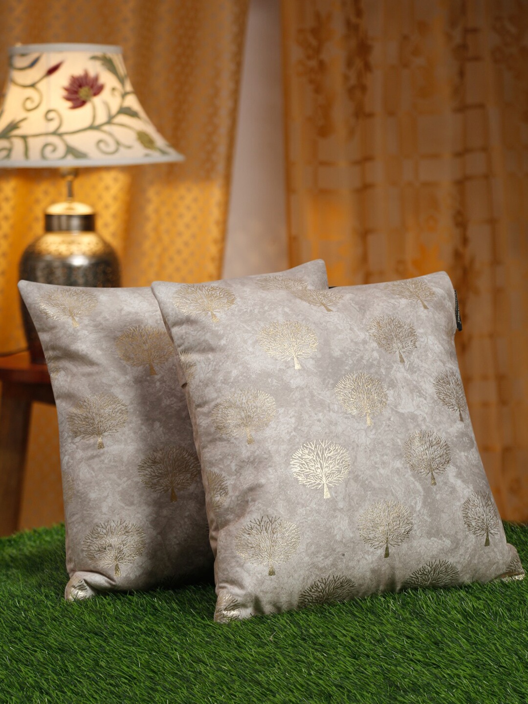 

HOSTA HOMES Brown & Gold-Toned 2 Pieces Ethnic Motifs Velvet Square Cushion Covers