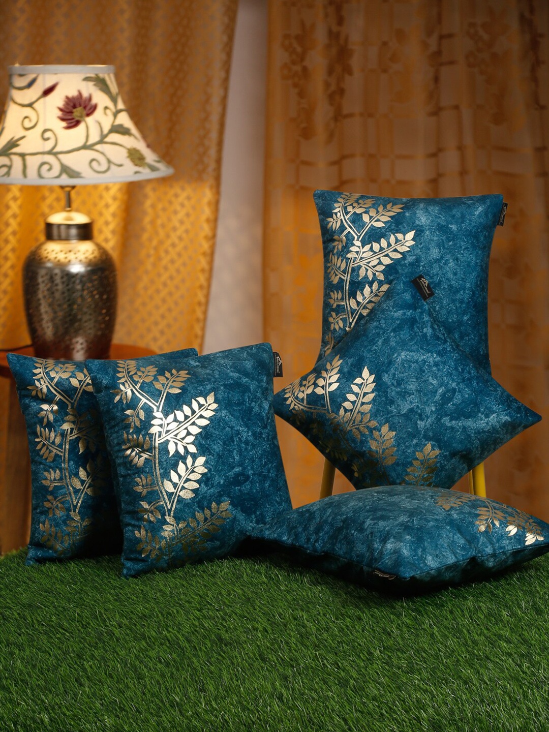 

HOSTA HOMES Blue & Gold-Toned 5 Pieces Floral Velvet Square Cushion Covers