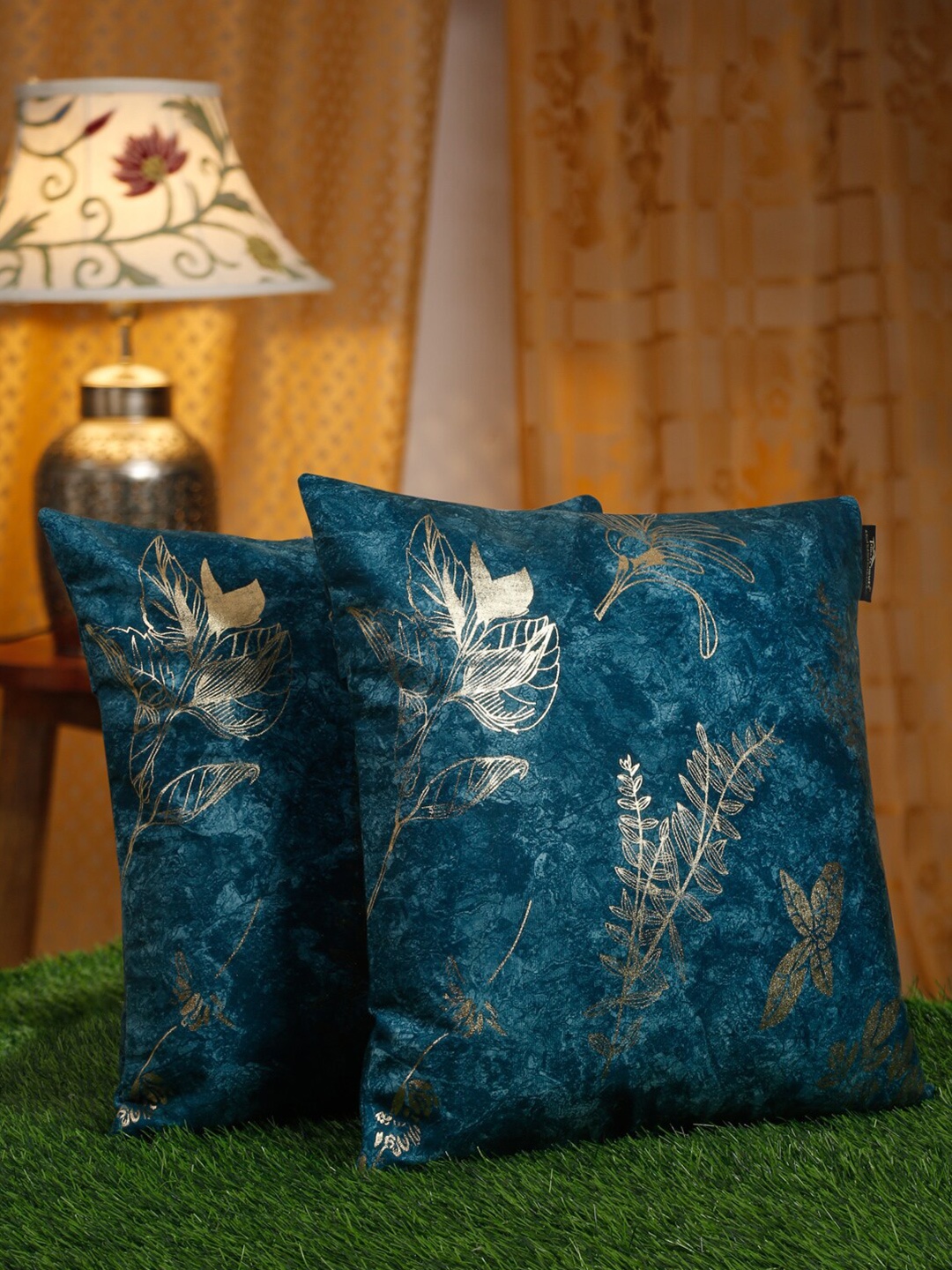 

HOSTA HOMES Blue & Gold-Toned 2 Pieces Floral Velvet Square Cushion Covers