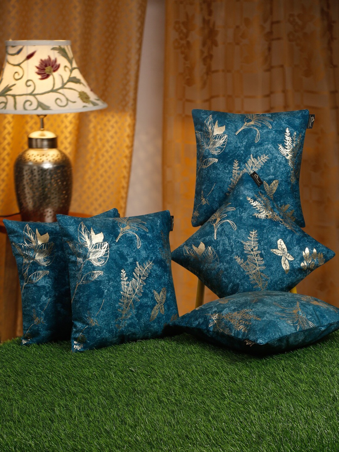 

HOSTA HOMES Blue & Gold-Toned 5 Pieces Floral Velvet Square Cushion Covers