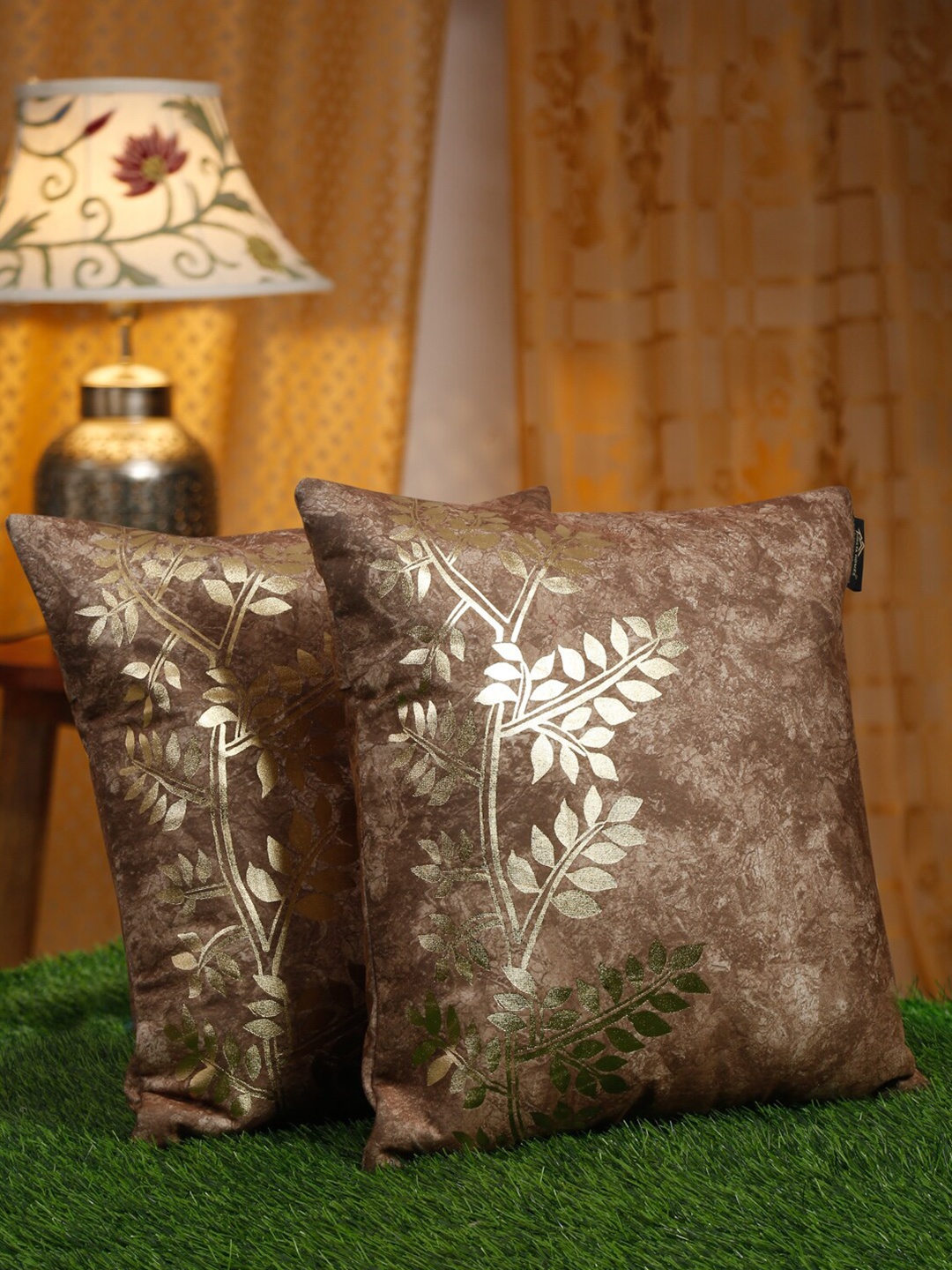 

HOSTA HOMES Brown & Gold-Toned 2 Pieces Floral Velvet Square Cushion Covers