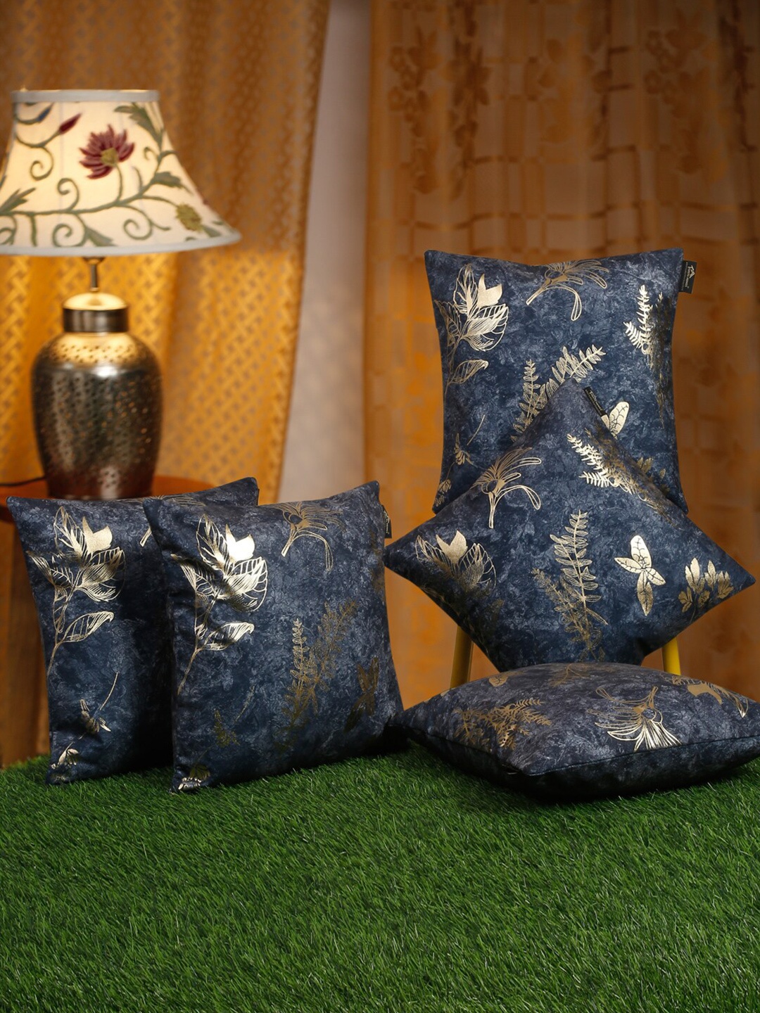 

HOSTA HOMES Blue & Gold-Toned 5 Pieces Floral Velvet Square Cushion Covers