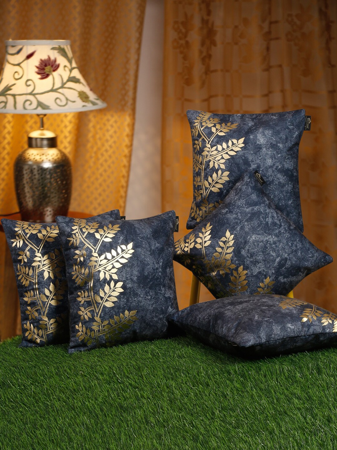 

HOSTA HOMES Blue & Gold-Toned 5 Pieces Floral Velvet Square Cushion Covers