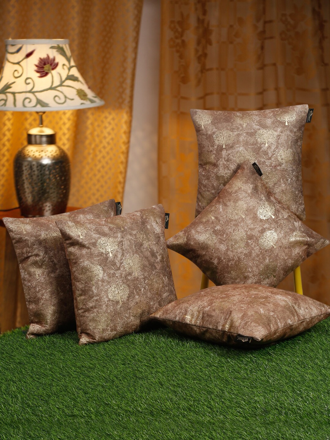 

HOSTA HOMES Brown & Gold-Toned 5 Pieces Ethnic Motifs Velvet Square Cushion Covers