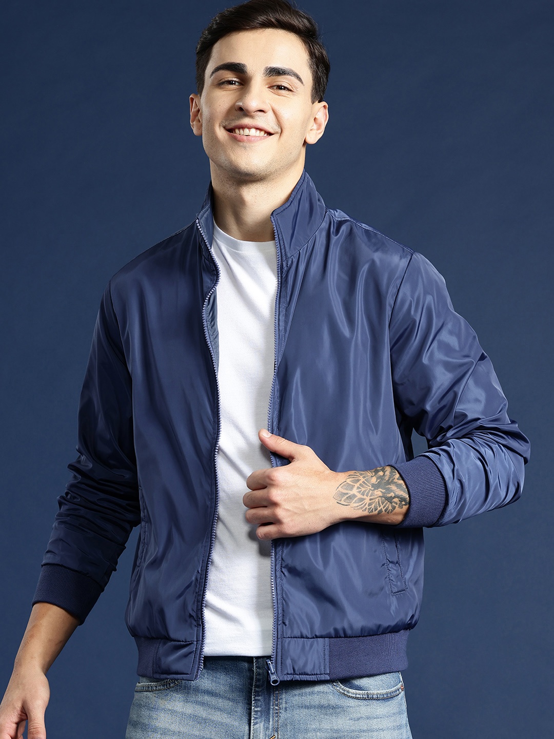 

Mast & Harbour Solid Reversible Bomber Jacket, Blue