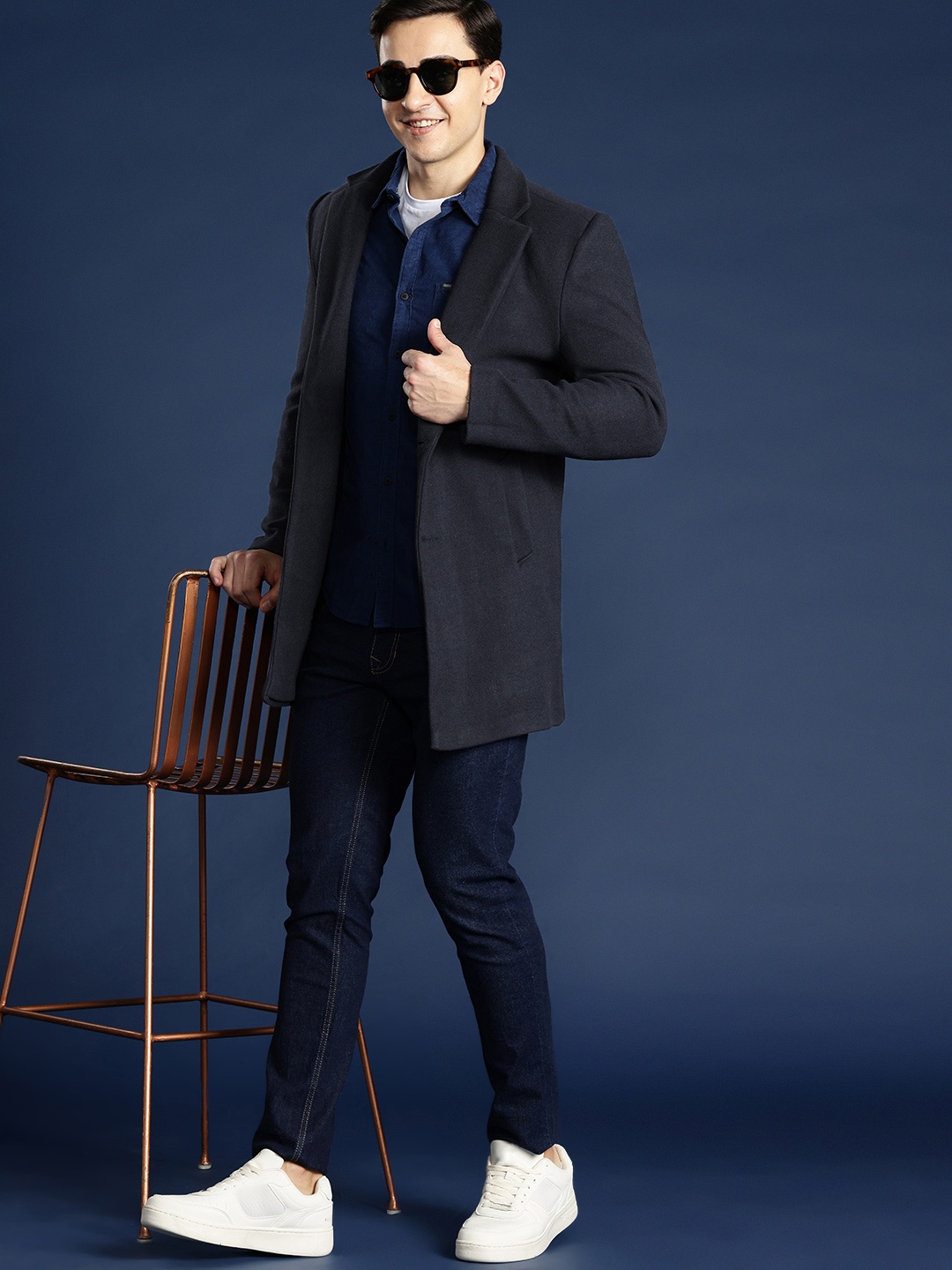 

Mast & Harbour Solid Hip Length Overcoat, Navy blue