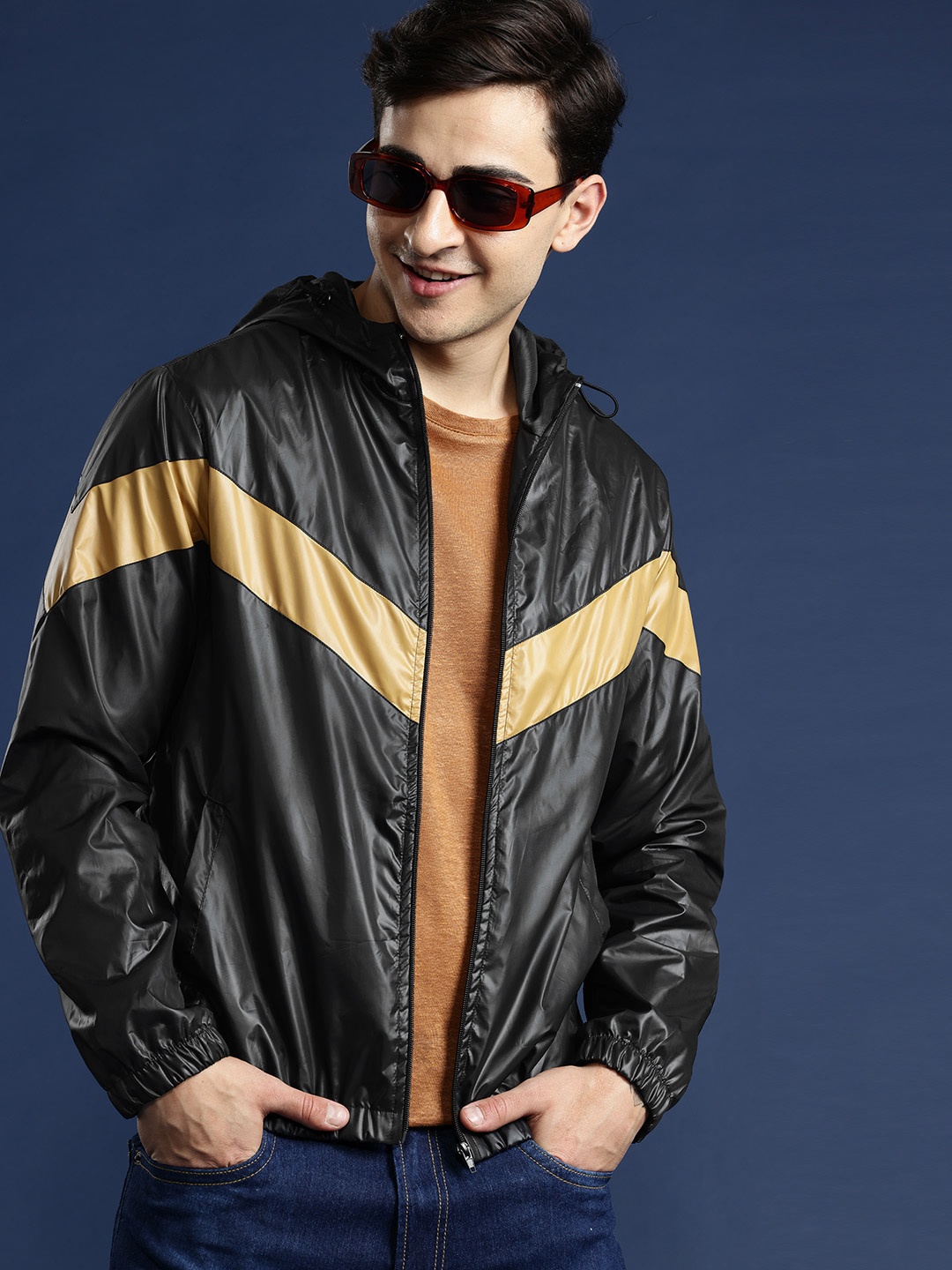 

Mast & Harbour Striped Hooded Bomber Jacket, Black