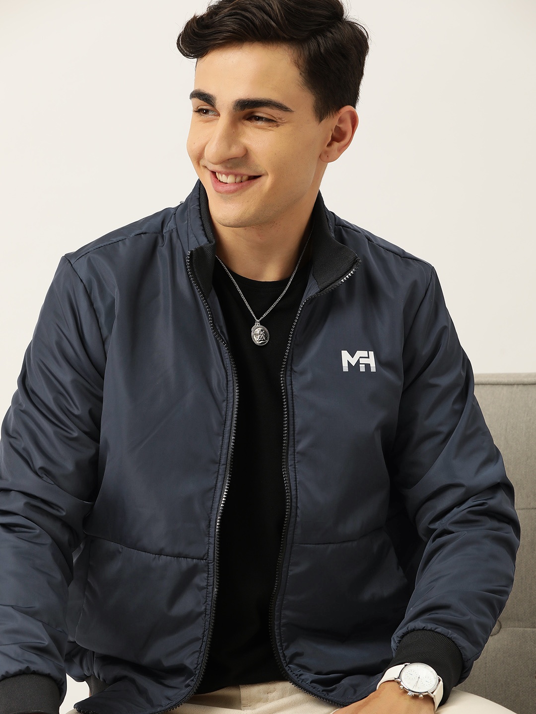 

Mast & Harbour Brand Logo Printed Detail Mock Collar Bomber Jacket, Navy blue