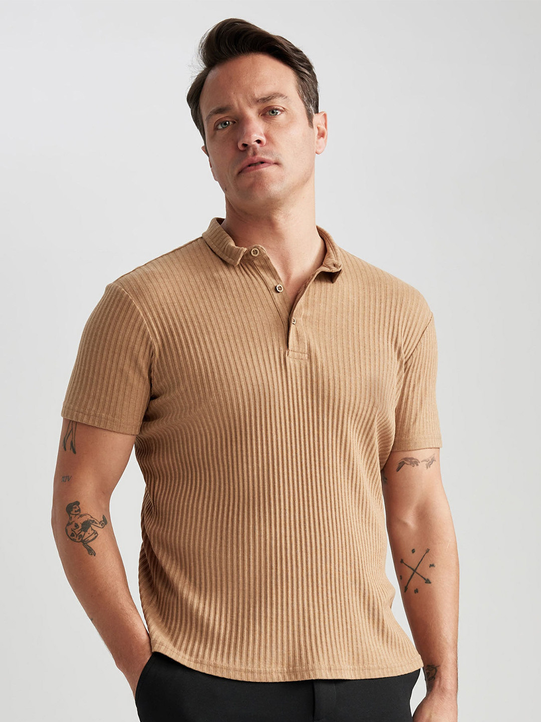 

DeFacto Striped Polo Collar Pure Cotton T-shirt, Brown
