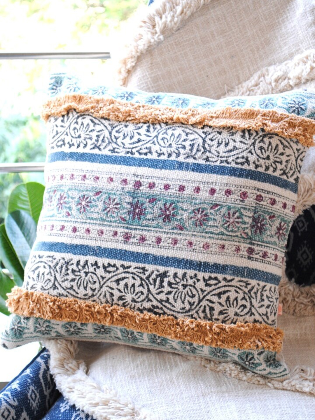 

Art Avenue White & Brown Ethnic Motifs Embroidered Square Cotton Cushion Cover