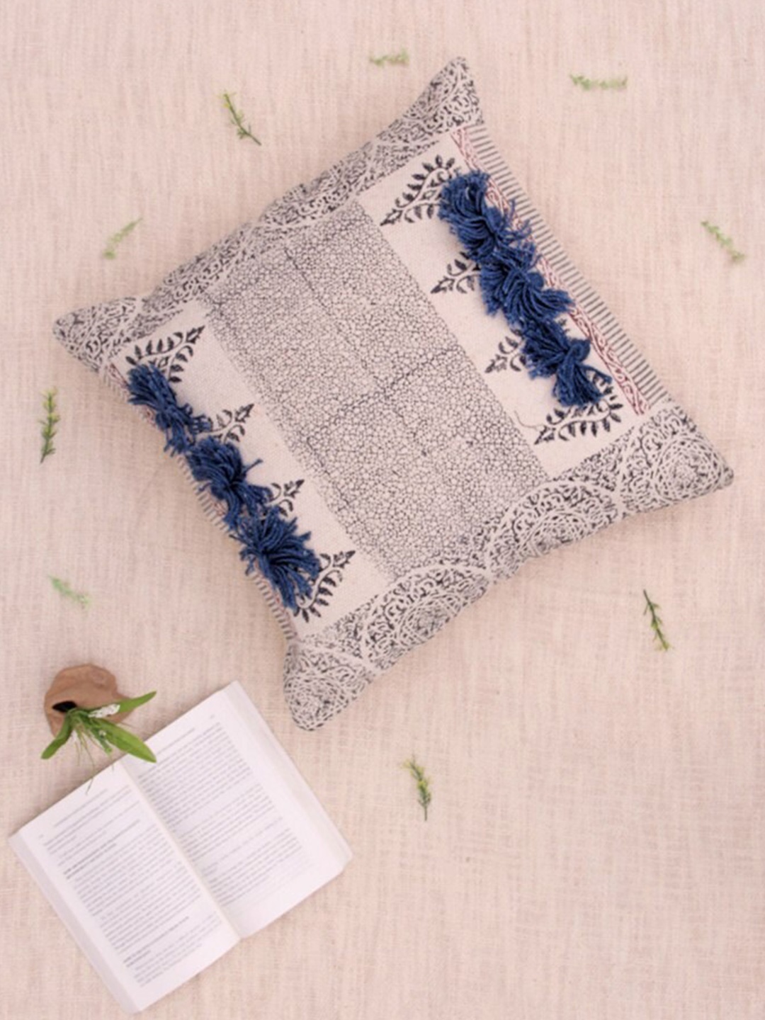 

Art Avenue Off White & Blue Ethnic Motifs Embroidered Square Cotton Cushion Cover