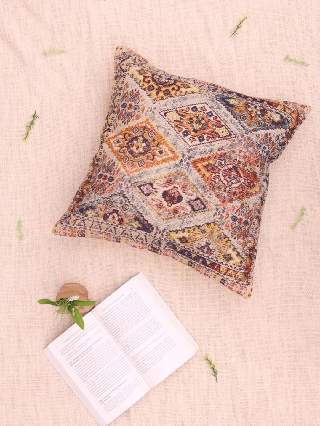 

Art Avenue Cream-Coloured & Blue Ethnic Motifs Cotton Square Cushion Cover