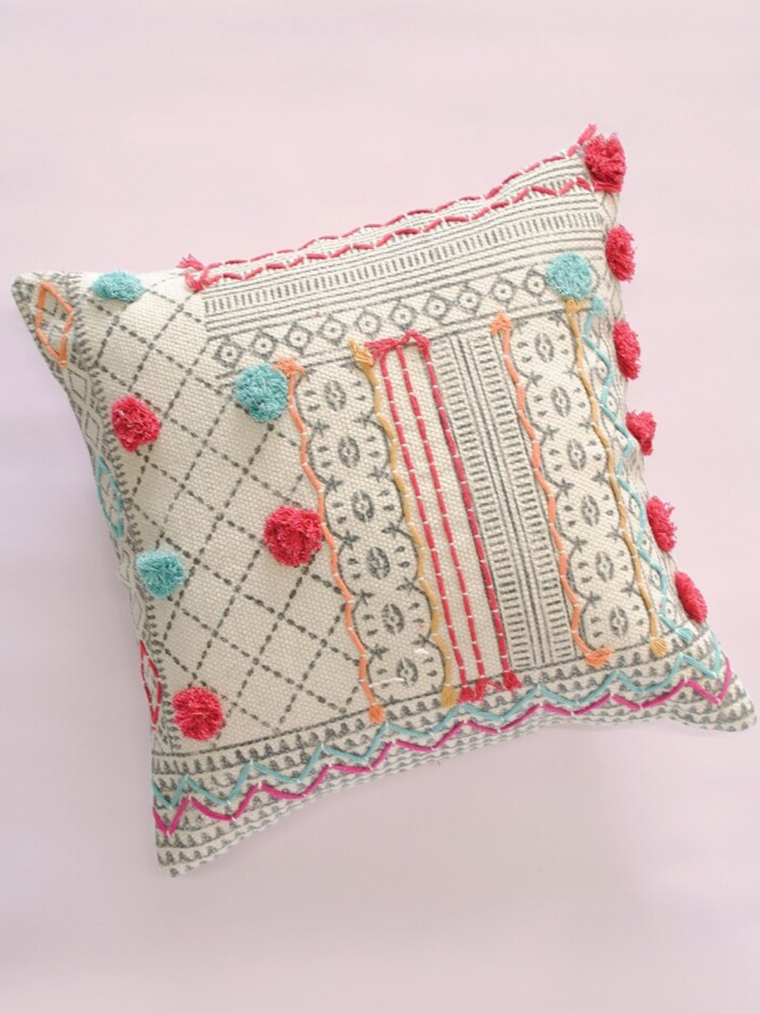 

Art Avenue Beige & Red Ethnic Motifs Embroidered Square Cotton Cushion Cover