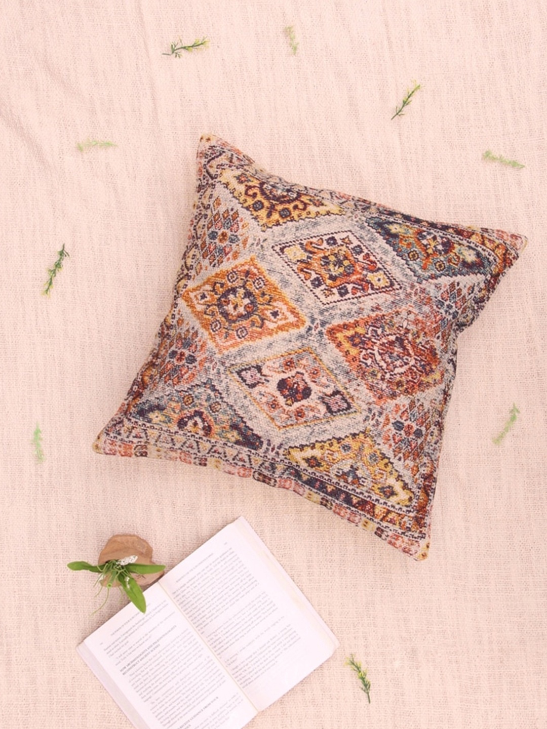 

Art Avenue Peach-Coloured & Orange Ethnic Motifs Square Cotton Cushion Cover