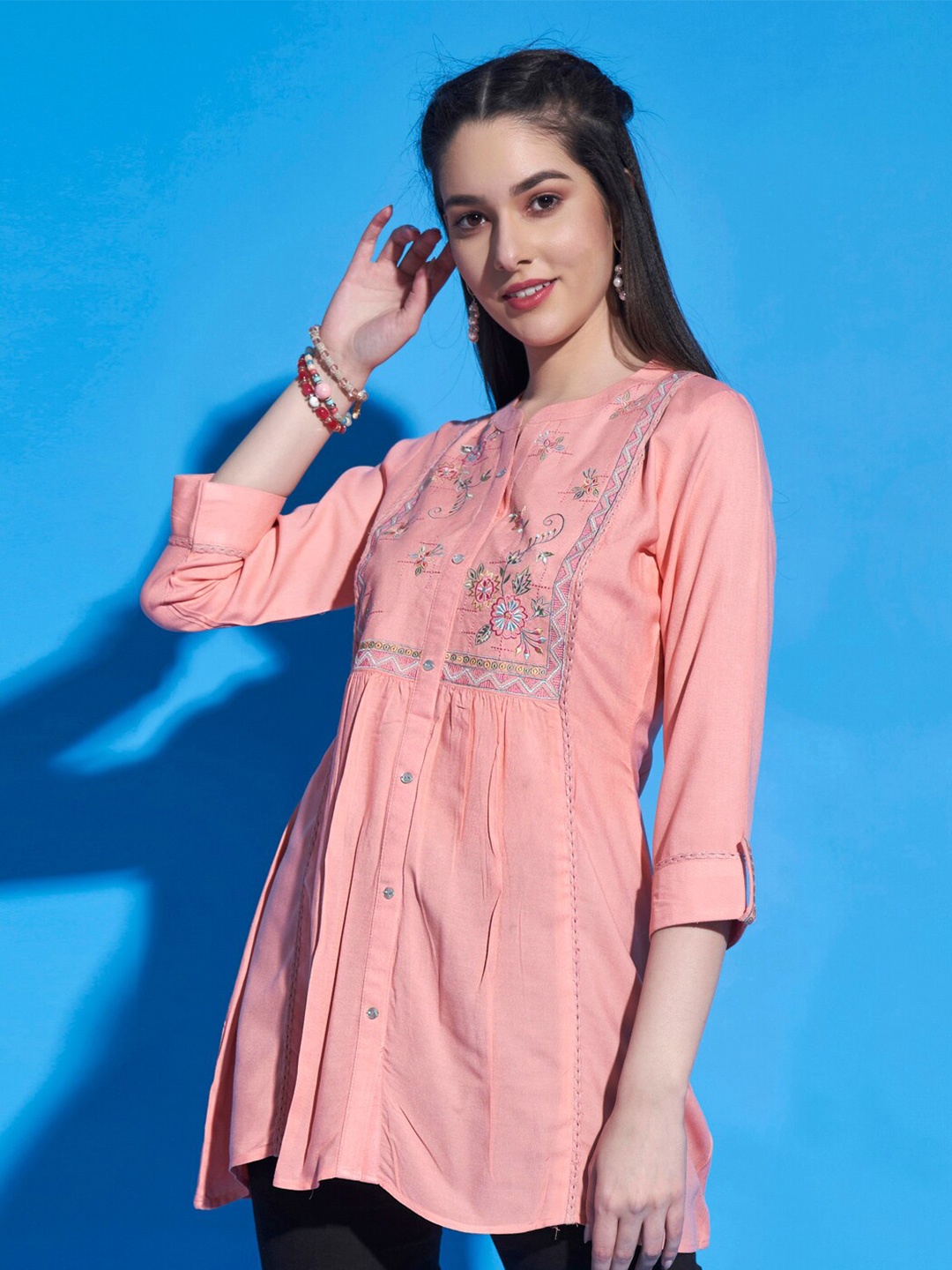 

Sangria Pink Floral Embroidered Mandarin Collar A-Line Top