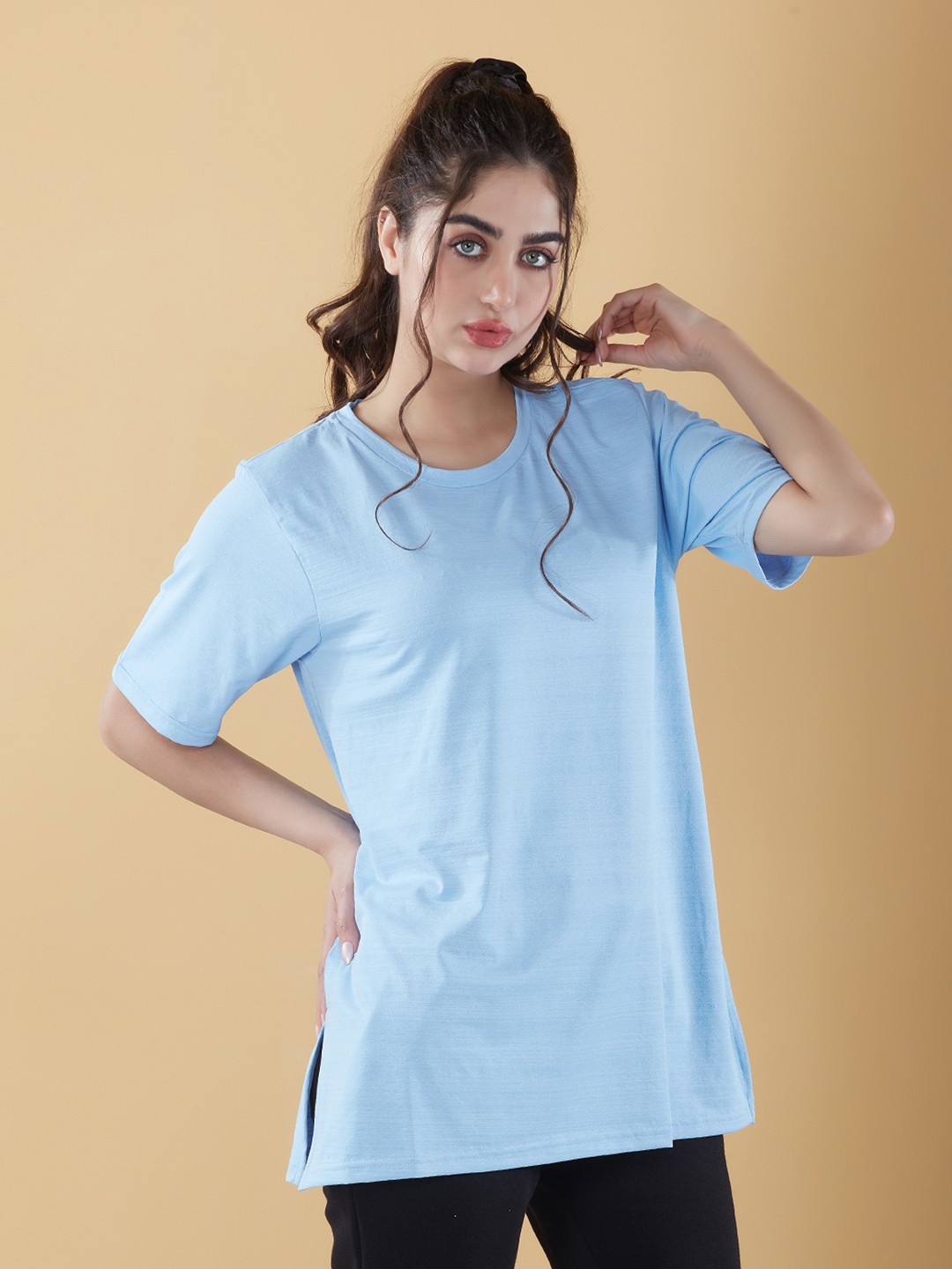 

CUPID Round Neck Longline Oversized Top, Blue