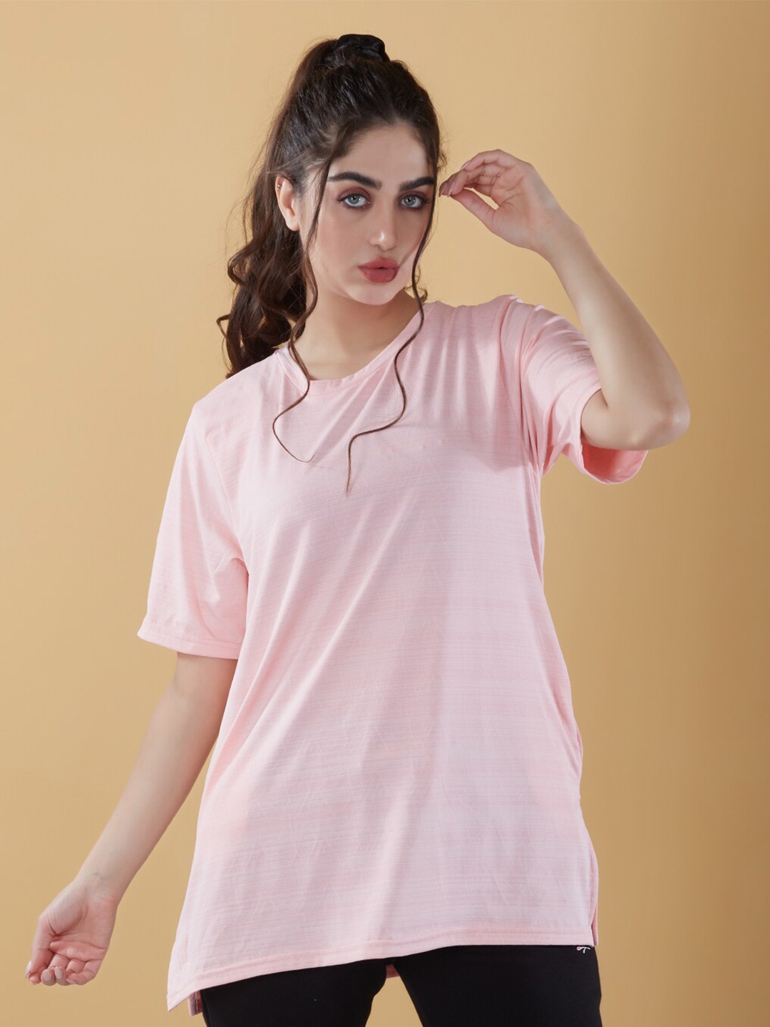 

CUPID Round Neck Longline Oversized Top, Peach
